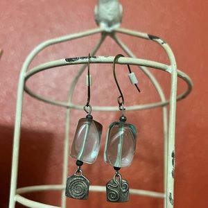 BLUE RESIN FAUX SEA GLASS AND ANTIQUE METAL EARRINGS